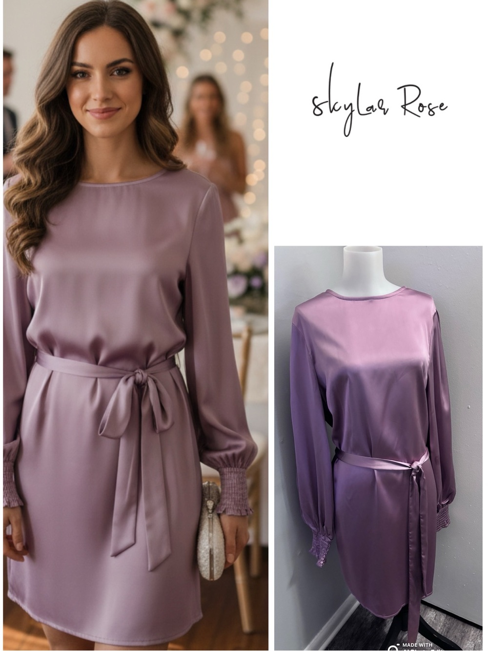 NWT!! Skylar Rose Pink Mauve Satin Look Belted Mini Dress w/ Cuffed Wrists